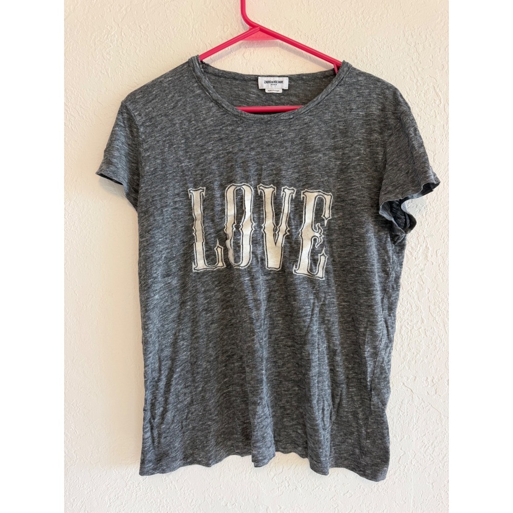 Zadig & Voltaire Grey Marl LOVE Graphic T-Shirt Short Sleeve Flawed Holes